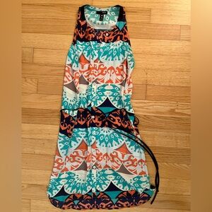 Aqua tie belt geo Aztec pattern dress XS blue orange teal